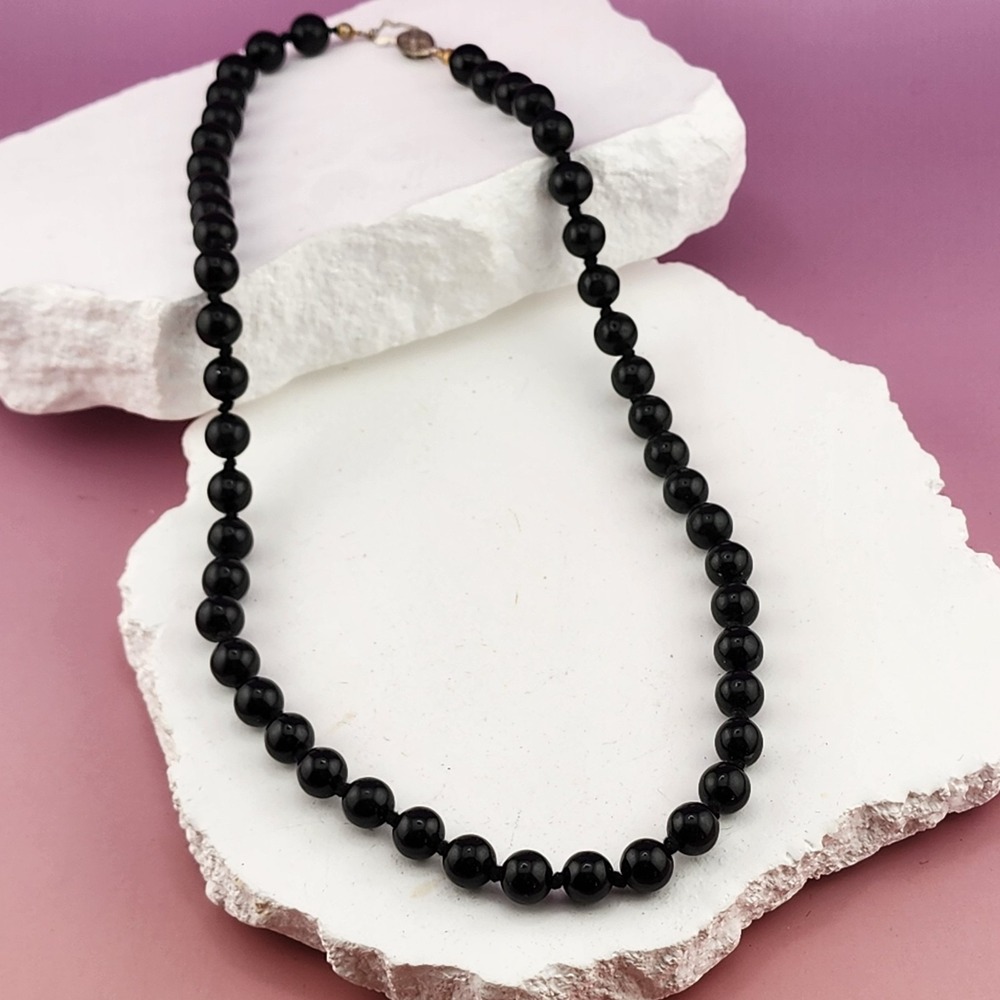 Black Round Bead Necklace Hand Knotted Strand Gothic Elegant Statement Jewelry